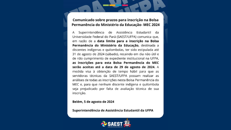 Inscrição para a Bolsa Permanência do Ministério da Educação (MEC) vai até 29 de agosto de 2024