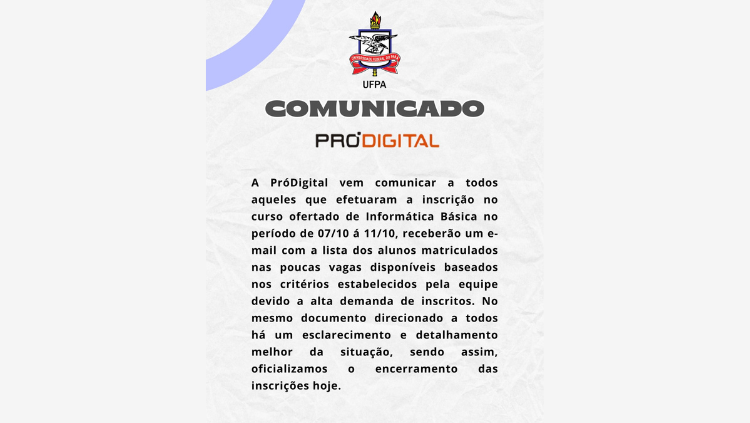 Comunicado sobre o Curso de Informática Básica